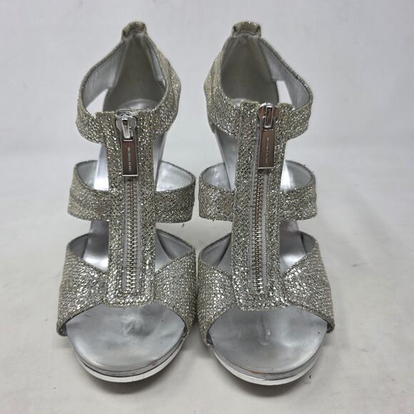 Michael Kors Silver Glitter T-Strap High Heel Sandals Womens Size 7 - Picture 3 of 8